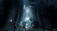 Concept art of John-117 within a structure on the Halo.