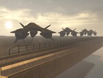 F-99s on the carrier off the coast of Longshore. These drones are much more similar to the concept drawing seen in The Art of Halo 3, rather than the boxy simplified version seen in Halo 3: ODST.
