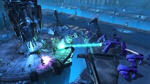 Marketing image depicting a large battle inside the level geometry for the mission Relic Interior.