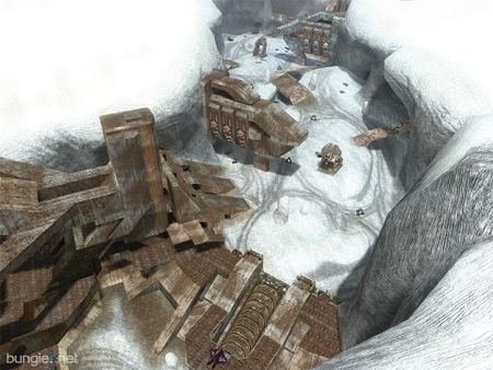 Promotional image for Halo 2 Bonus Pack featuring the multiplayer map Containment. Screenshot from the Halo 2 press kit.