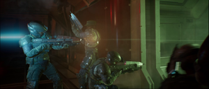 Avery Johnson and Fire Team Charlie repelling boarders aboard UNSC Pillar of Autumn. Screenshot taken from Halo: Campaign Evolved campaign level The Pillar of Autumn.