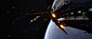 GA-TL1 Longswords (Knife 25 on the left) during the battle over Installation 04. Screenshot taken from Halo: Campaign Evolved campaign level The Pillar of Autumn.