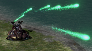 A Ogab'd-pattern anti-aircraft Wraith firing its fuel rod cannon during the Battle of Installation 00. From Halo 3 campaign level The Covenant.