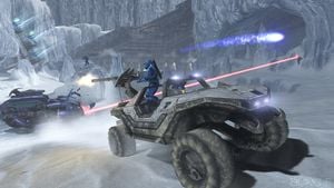 Promotional image for Halo 3 featuring a vehicle battle on the multiplayer map Avalanche.