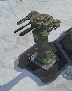 An M5 Talos base turret equipped with two M202 XP machine guns and two M66 light railguns.