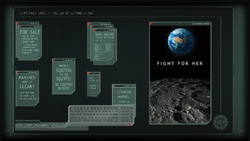 The bulletin board on UNSC Pillar of Autumn.  Screenshot taken from Halo: Campaign Evolved campaign level The Pillar of Autumn.