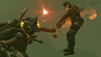 A Knight Lancer impales a marine with a lightblade in Halo 4.