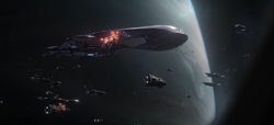A Ceudar-pattern heavy corvette ramming into an Unidentified Covenant assault carrier class.