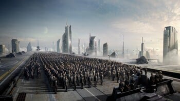 UNSC Infinity's assembled crew at her commissioning ceremony.