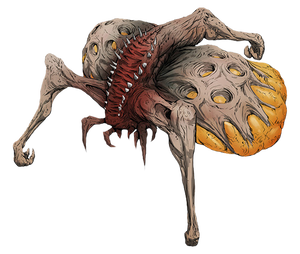 Artwork of the Flood infester form. In the Halo Encyclopedia (2022 edition), this art is incorrectly used to depict the Flood spawner form.