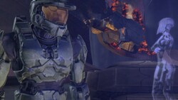 Master Chief converses with Cortana in High Charity. In the background is the wreckage of the UNSC In Amber Clad, crashed into a tower.