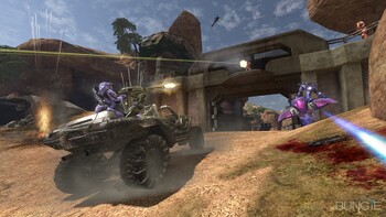 Promotional image for the Alpha build of Halo 3 featuring a battle on the multiplayer map High Ground.