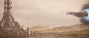 The UNSC In Amber Clad chasing the Solemn Penance over Mombasa as the latter escapes via slipspace.