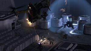 NOBLE Team's SPARTAN-B312 piloting a UH-144 Falcon to attack a Covenant communications jammer on a rooftop during Siege of New Alexandria. From Halo: Reach campaign level New Alexandria.