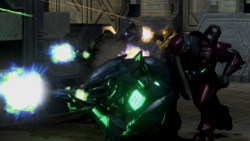 John-117, Thel 'Vadam, N'tho 'Sraom and Usze 'Taham in a barrier tower on Installation 00, from Halo 3 level The Covenant.