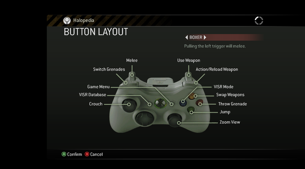 A screenshot of "BUTTON LAYOUT" set to "BOXER" in the Halo 3: ODST (Xbox 360) settings menu.Behind the game pause menu is pitch black.Note: The screenshot was taken from the emulator Xenia.