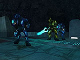 Two Sangheili Minors accompanying a Zealot on one of the many bridges in the vicinity of Installation 04's Control Room.