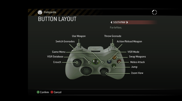 A screenshot of "BUTTON LAYOUT" set to "SOUTHPAW" in the Halo 3: ODST (Xbox 360) settings menu.Behind the game pause menu is pitch black.Note: The screenshot was taken from the emulator Xenia.