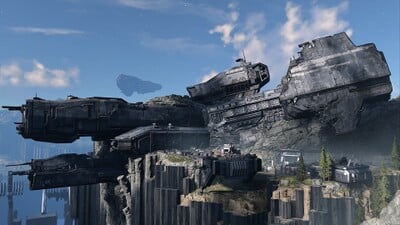 Halo Infinite screenshot of the crashed UNSC Mortal Reverie after it has been claimed by the Banished and renamed "Outpost Tremonius"