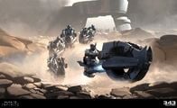 Concept art for Halo Infinite depicting Banished Jiralhanae riding what appear to be Barukaza Workshop Choppers.