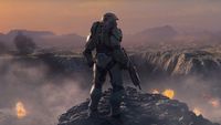 Master Chief overlooking a cliff after running and shooting