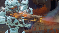 Third-person view of a Scattershot engaged in smart scope in Halo 5: Guardians.