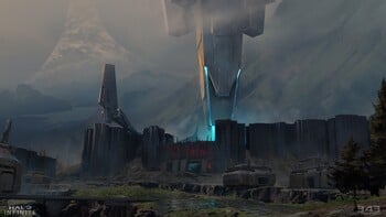 Concept art of a Banished camp outside a Forerunner structure.