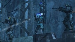 Four Spartan-IIIs during a game of Sniper Firefight on Halo: Reach map Glacier.