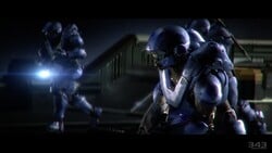 A screenshot of several Athlon-clad Spartans in the Halo 5: Guardians Multiplayer Beta announcement trailer.