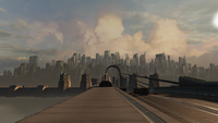 The Old Mombasa skyline, as seen from the bridge in Halo 2: Anniversary.