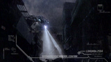 A Phantom, seen through the "eyes" of the Superintendent, using a pair of high-intensity searchlights to sweep the ruined streets of New Mombasa in Halo 3: ODST.