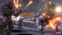 Fireteam Osiris engaging Promethean enemies on their way to Meridian Station in Halo 5: Guardians.