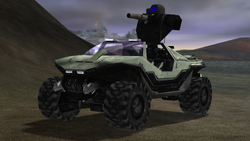 A screenshot of the early cut Rocket Warthog restored into Halo: Combat Evolved by the Digsite project.