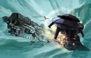 Concept art for the Halo: Fleet Battles cover art, depicting a Varric in combat with a Epoch-class heavy carrier.