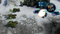 A trio of Grizzlies piloted by Spartan-IIs engage multiple Type-25 Wraiths in Halo Wars.