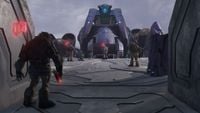 Jiralhanae about to execute UNSC prisoners at the landing pad before Sangheili forces intervene in Halo 2: Anniversary.
