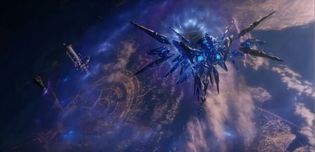 A Guardian Custode firing its attenuation pulse emitter over Earth in the final cutscene of the level Guardians.