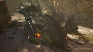 D77 Pelican Bravo 022 following its crash landing, with dead UNSC Marines, weapons and an overturned M12 Chaingun Warthog nearby. Screenshot taken from Halo: Campaign Evolved campaign level The Silent Cartographer.