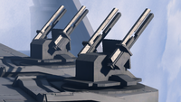 Low-resolution depiction of the M870 Rampart point defense guns on the UNSC Panama in Halo Infinite.