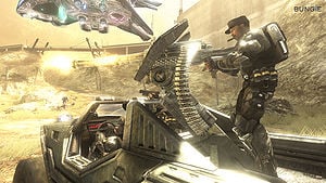 Promotional image for Halo 3: ODST featuring Avery Johnson firing an M12 Chaingun Warthog's M41 Vulcan on the Firefight map Lost Platoon.