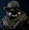 A Mark V ODST helmet with CBRN and HUL attachments.