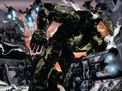 John-117 reaches for a Spiker as a massive pack of Jiralhanae prepare to assault him. From  Halo: Uprising Issue 3.