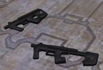 Two SMGs in Halo 2 with the collapsible stock in various positions.