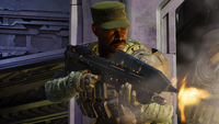 Johnson fires an MA5B assault rifle.