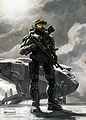 Proposed cover art for the Halo 3 manual featuring John-117 standing in front of a Pelican.