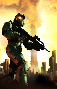 The illustration on the box of the Halo 2 Limited Collector's Edition depicting John-117 in front of the Mombasa Tether.