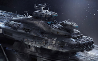 Concept art of the Spirit of Fire's upper hull, including the combat bridge and MAC array for Halo Wars 2.