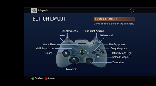 A screenshot of "BUTTON LAYOUT" set to "BUMPER JUMPER" in the Halo 3 (Xbox 360) settings menu.Behind the game pause menu is pitch black.Note: The screenshot was taken from the emulator Xenia.