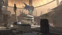 A Phantom flies over a plaza in Sector 3.
