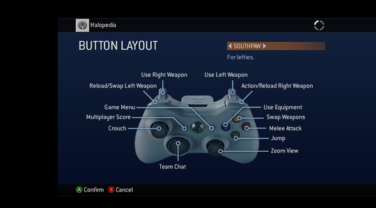 A screenshot of "BUTTON LAYOUT" set to "SOUTHPAW" in the Halo 3 (Xbox 360) settings menu.Behind the game pause menu is pitch black.Note: The screenshot was taken from the emulator Xenia.